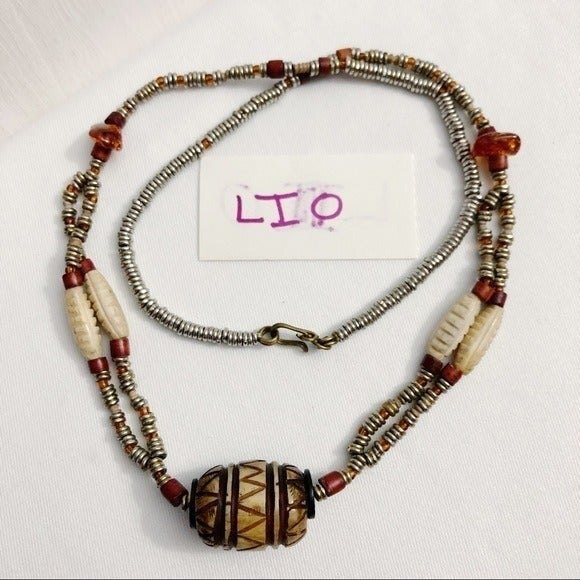 Handmade Metal Beaded Necklace with Carved Bead Focal - Picture 8 of 9